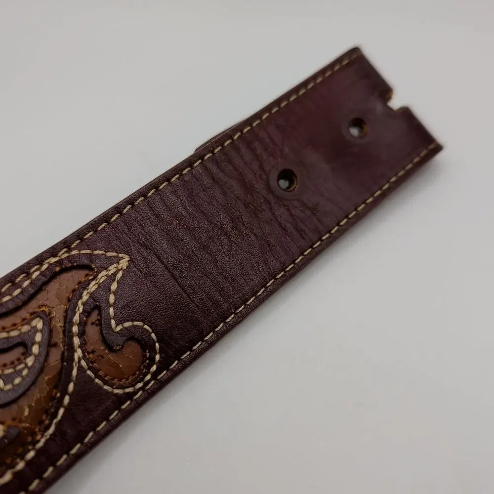 Brown Leather Belt Medium Western Tooled Rhinestone Studded Cowgirl Boho Rodeo